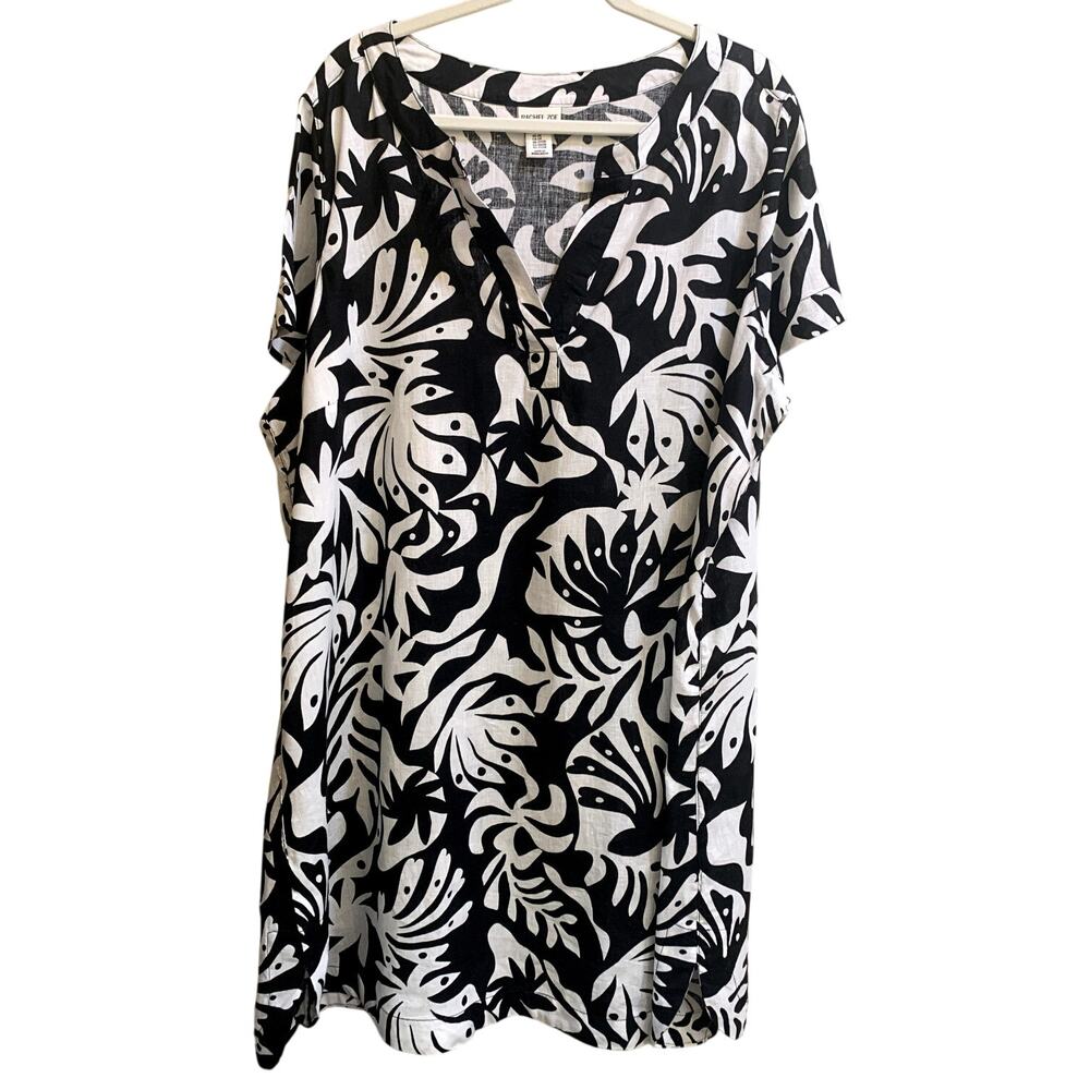 Rachel Zoe Women Dress Sz 2X 100% Linen Black & White Printed Midi Tunic